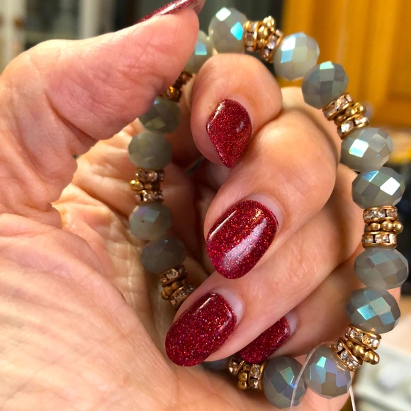 Pretty Smoky Blue Crystal Bracelet with Gold Beads and Rhinestone Accents - Picture 3 of 4